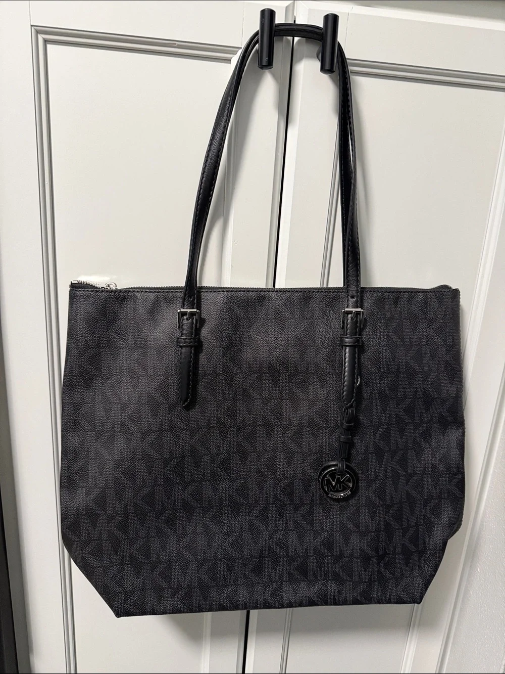 Michael Kors Black Logo Tote Bag- signature MK print; silver hardware